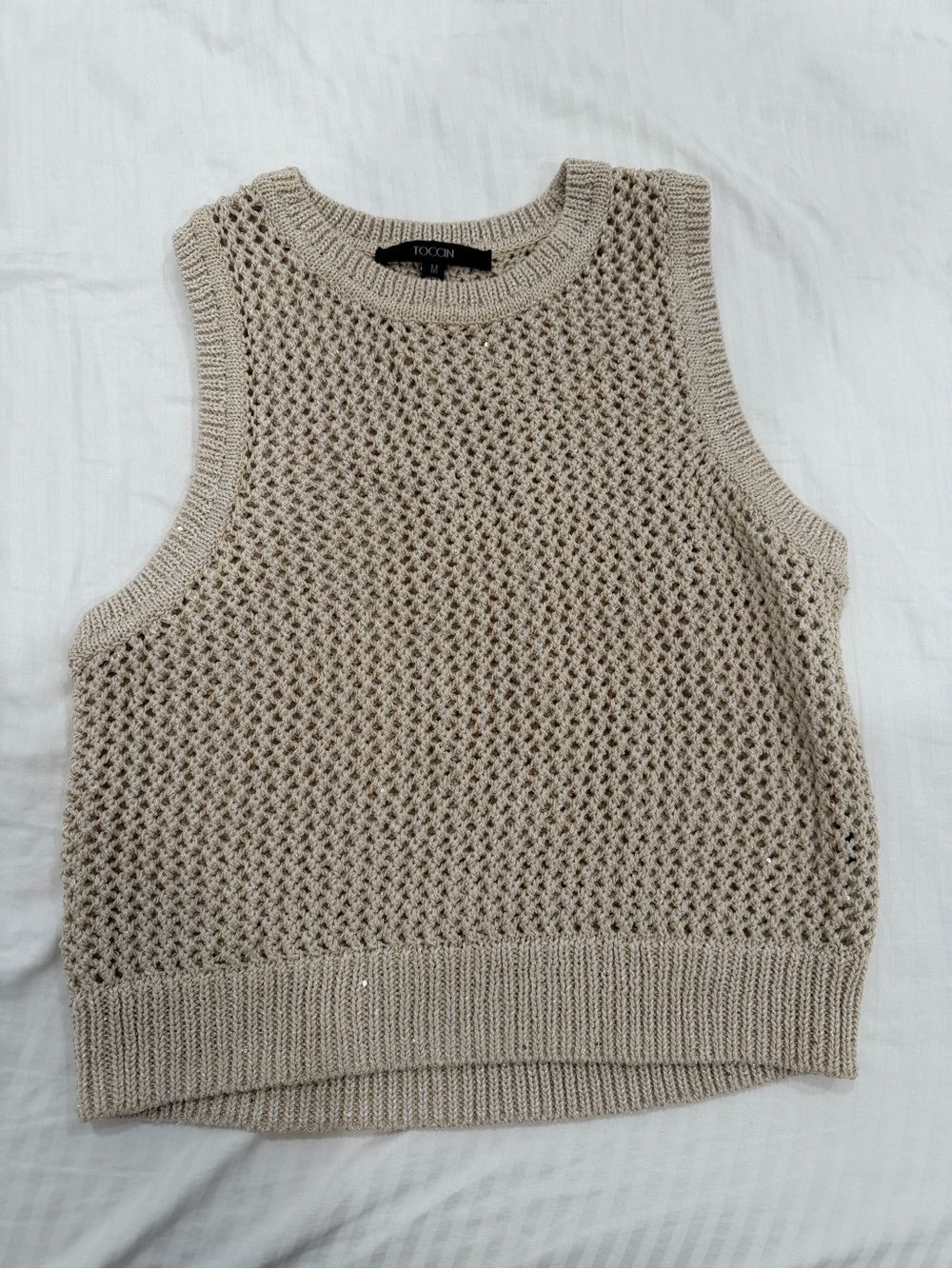 TOCCIN Open-Knit Sleeveless Crewneck Sweater Vest in Beige